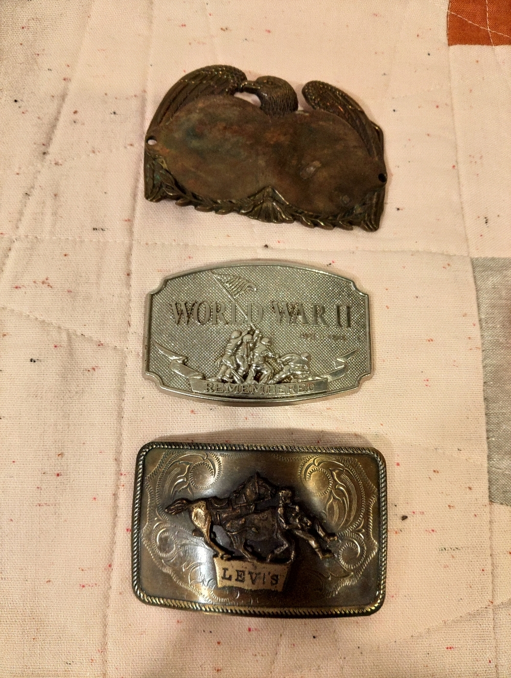Vintage Belt Buckle Trio - Patriotic WWII & Cowboy Styles